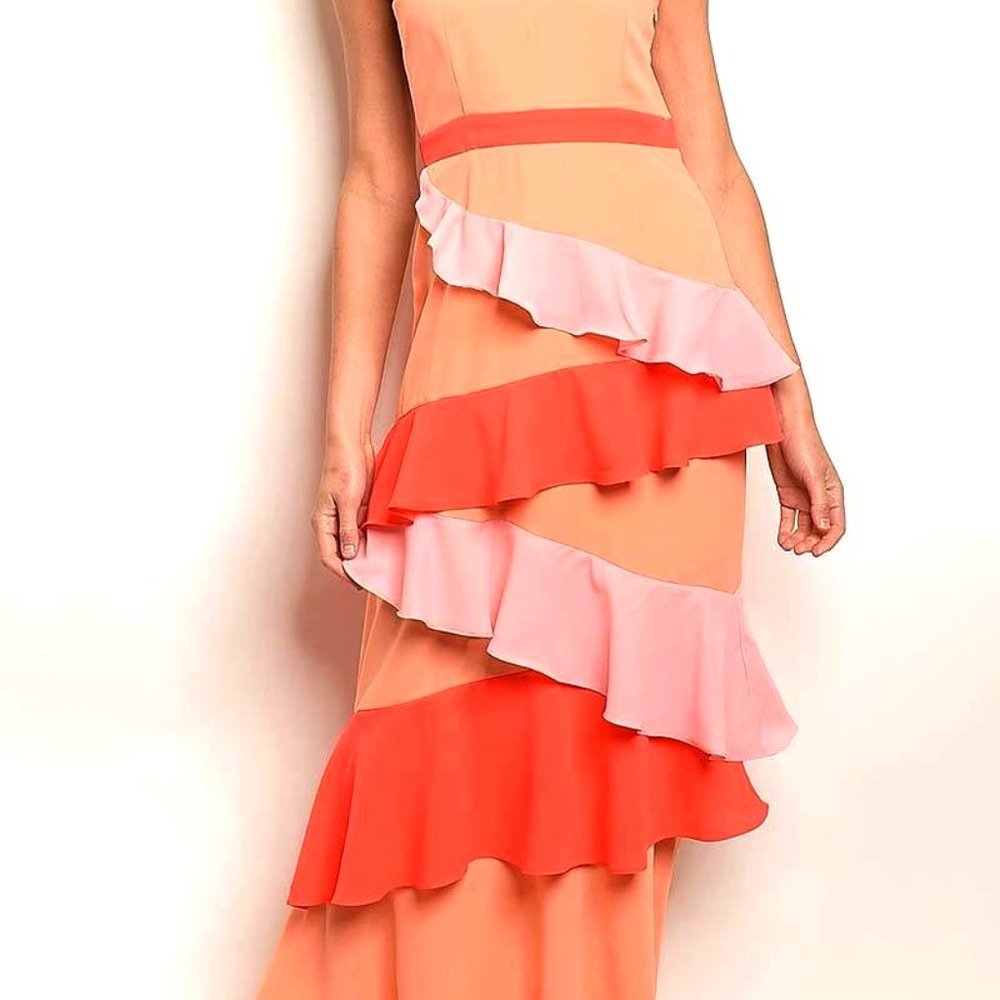 MULTI COLOR BLOCK RUFFLE DETAIL MAXI DRESS - Picture 3 of 3